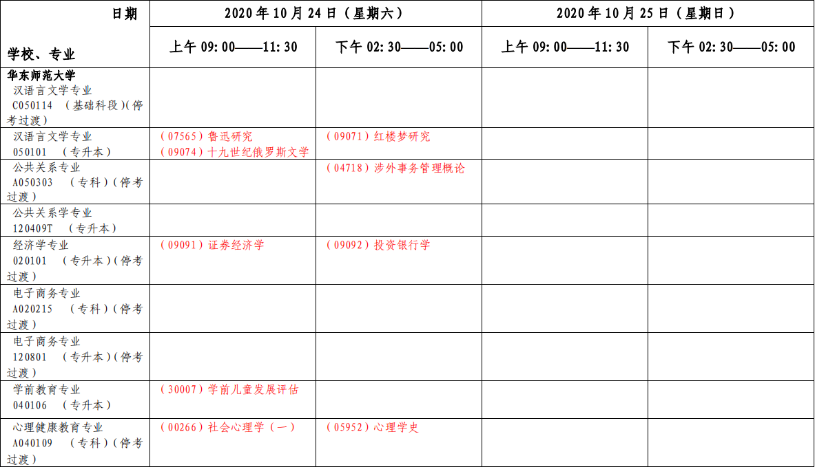 自考专业课程考试日程安排表3